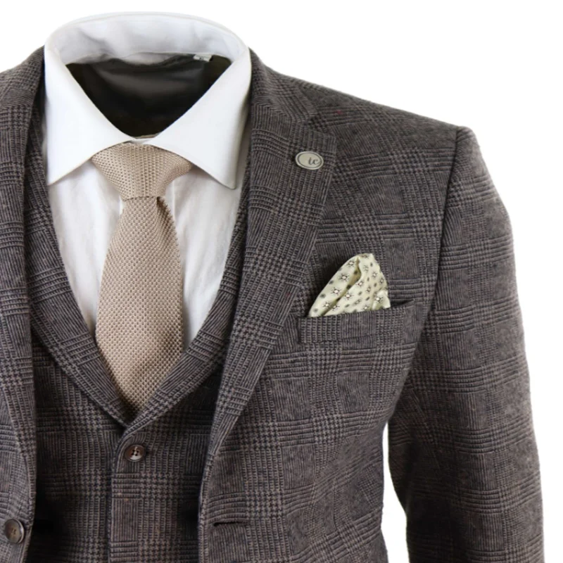 Коричневые мужские костюмы из шерсти 3 шт клетчатый костюм Homme Tweed Fit Peaky Blinders Gatsby 1920s костюм