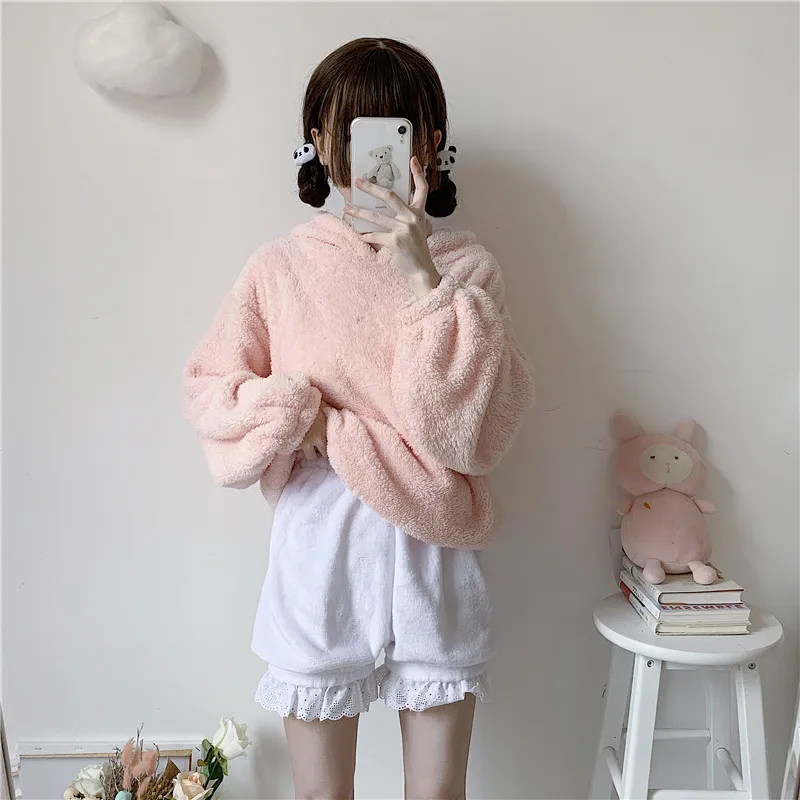 Lolita Lace Sleep Bloomer Shorts Women Girls Cute Velvet Plush Warm Pajama  Short Pants