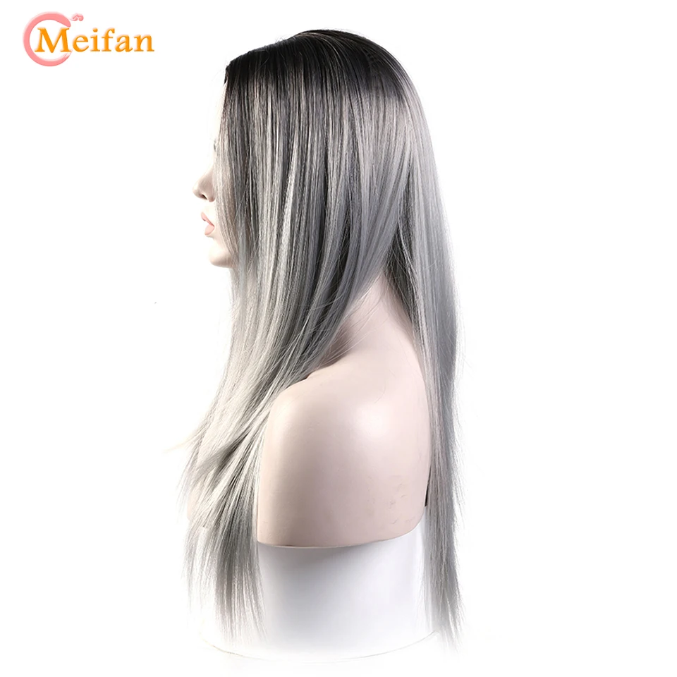 MEIFAN длинные прямые Ombre синтетический парик для женщин черный Омбре серый средняя часть термостойкий косплей парик