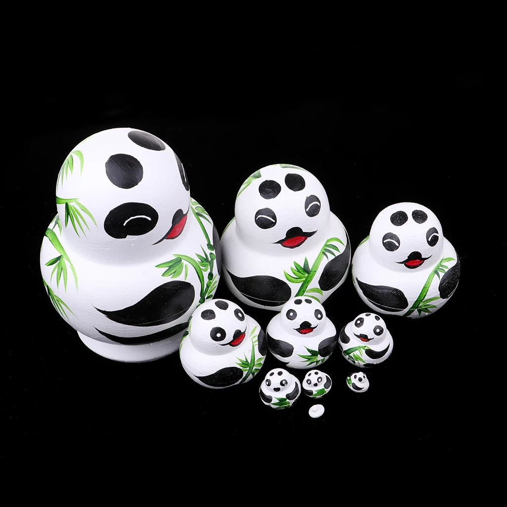 Wooden Russian Nesting Dolls Panda Bamboo Matryoshka Hand Painted 10 Pieces