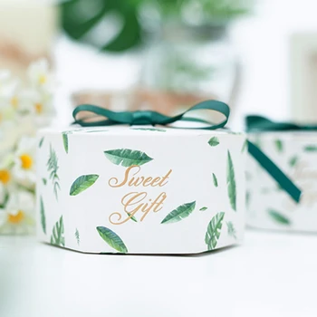 

100Pcs/lot Party Gift Boxes with Ribbon Green Leaves Favor Boxes Christmas Present Gifts Box Wedding Party Supplies