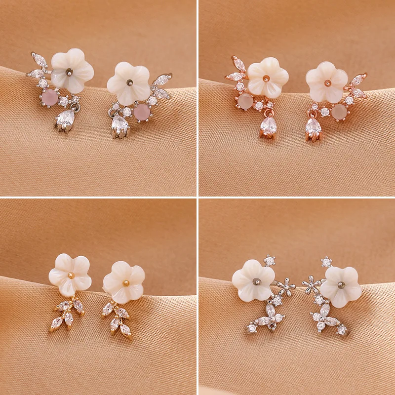 

2019 Japan Korea New Elegant Shell Acrylic Resin Flower Shining Cubic Zircon Branch Stud Earrings Delicate Micro Pave Brincos