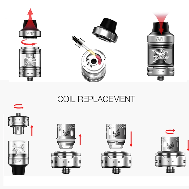 Vaptio Frogman XL атомайзер для электронных сигарет герметичный нижний воздушный поток прямой в катушку 510 с верхним наполнением нити 5 мл