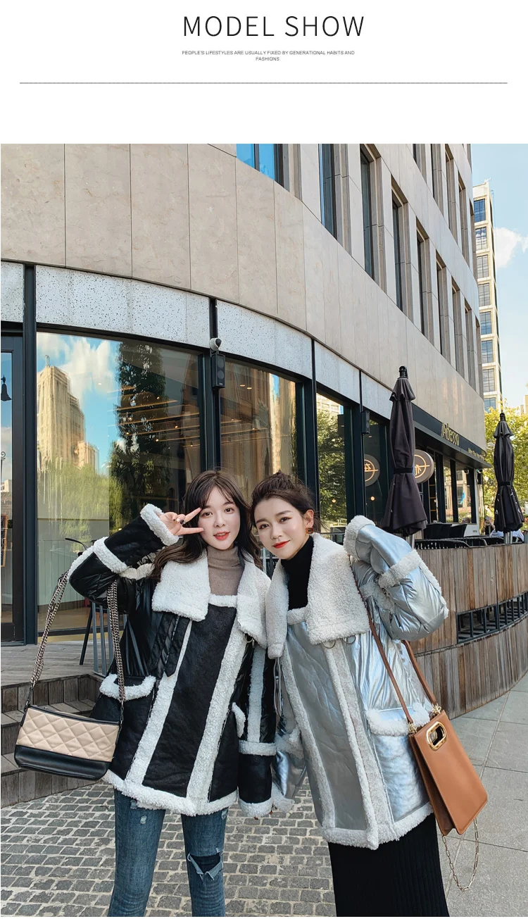 New Women Silver Jacket Lambswool Fur one Down Jackets Fashion Glossy Stand Collar Cotton Coat Women Winter Warm Outerwear