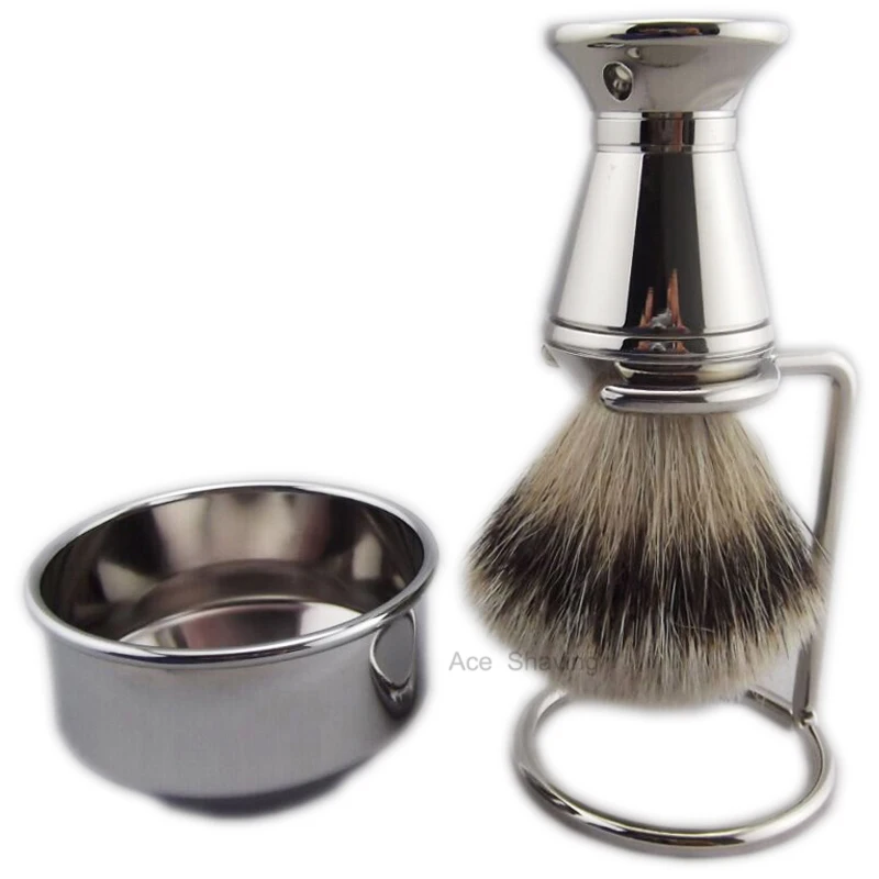 Silvertip 3pcs set Badger Hiar Shaving Brush Stand Holder Man Face Clean Beard Foam Lathering Container - Цвет: Silvertip 3pcs set