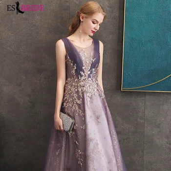 

Elegant Prom Dresses Sequined Beaded A-Line O-Neck Sleeveless Tulle Long Party Gowns