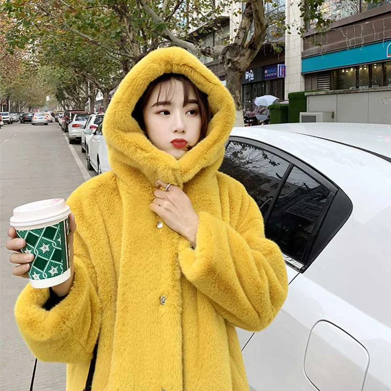 yellow Новинка, зимнее женское длинное пальто из искусственного кроличьего меха, Свободное пальто с капюшоном, толстое теплое пальто, плюс размер, женские Роскошные Плюшевые куртки, парка - Цвет: yellow