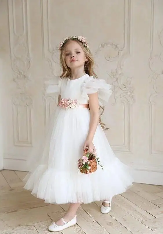 

2020 New Children Baby Puff Sleeve Dresses With Belt , Girls Princess Fairy Party Flower Clothes 5 pcs/lot, Wholesale