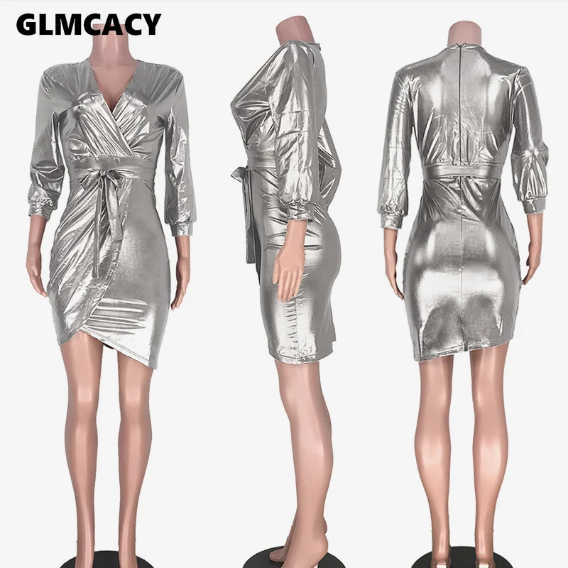 Women Plunge V-neck High Slit Bodycon Dress Shining Sparkly Sexy& Club Night Out Slim Fit Chic Plus Size Vestido