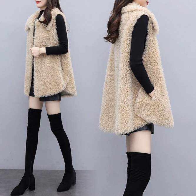 2021 Autumn Winter New Korean Imitation Lamb Wool Imitation Fur Integrated Coat Splicing Women's Vest Girl's Coat Leisure Beige lamb wool baby winter hat scarf one piece warm ears thicken bear infant bonnet toddler beanie kids cap for girl boy accessories