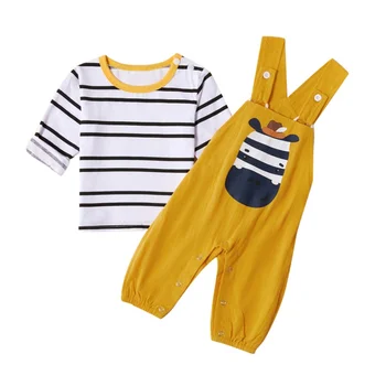 

New Children Spring Autumn Striped Cartoon Stripe Print Short Sleeve Blouse Casual Tops+Bib Pants