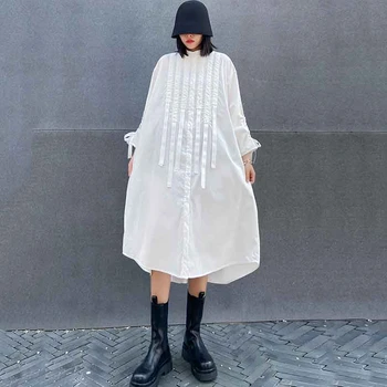 

SeeBeautiful Large Size Dress Stand Collar Long Sleeve Single Breasted Patch Ribbon New Fashion 2020 Summer Autumn Women T831