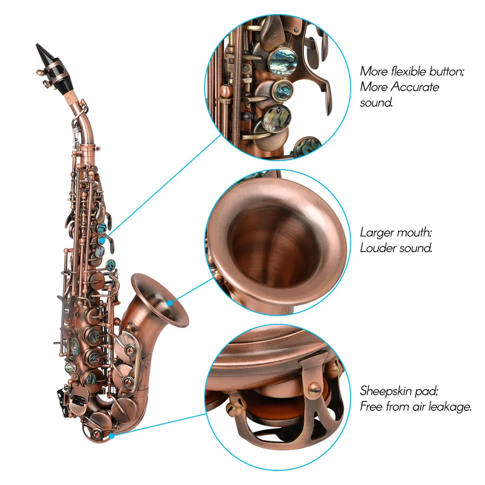 Red Antique Soprano Saxophone Bb Key Woodwind Instrument with Case Sax Stand Reed Gloves Cleaning Cloth Brush Sax Strap Brush