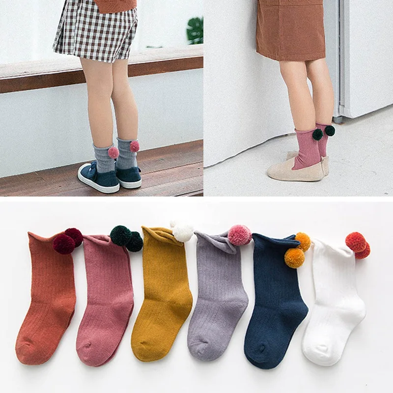 Милые детские носки с помпонами хлопковые носки для маленьких девочек новые милые модные теплые носки для малышей на осень и зиму