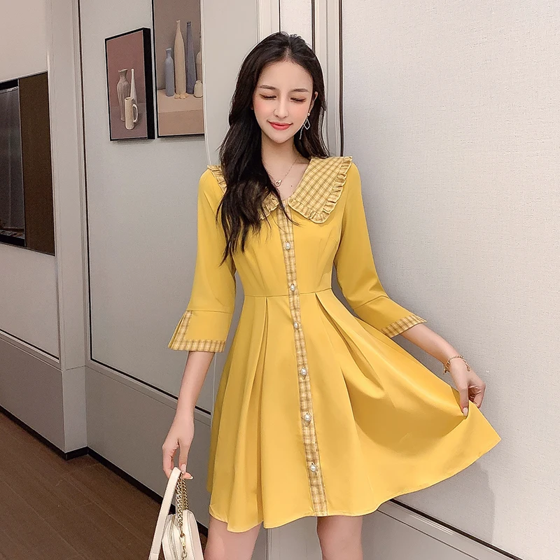 

Korean Fashion Female A-Line Dress Spring and Autumn Women Peter Pan Collar 3/4 Sleeve Yellow Dresses S-XL