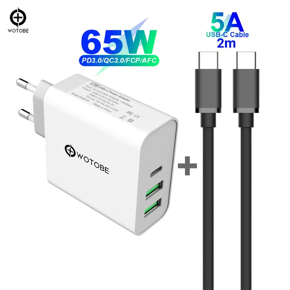 Charger and Cable 65 Вт TYPE-C USB-C адаптер питания, 1 порт PD60W QC3.0 зарядное устройство для USB-C ноутбуков MacBook Pro/Воздушный iPad Pro, 2 порта USB для S8/S10 iPhone - Тип штекера: Charger and Cable