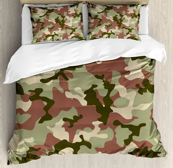 

Camo Duvet Cover Set Illustrated Green Camouflage in Forest Colors Hunter Combat Bedding Set Dried Rose Dark Green Army Green