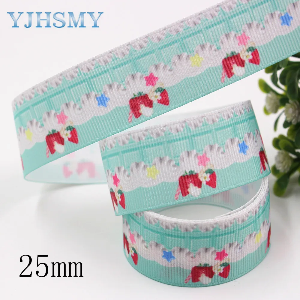 YJHSMY I-191211-2703, 25 мм 10 ярдов торт клубника мультфильм печатных корсажные ленты, лук кепки, одежда, украшения для вечеринки сделанные своими руками