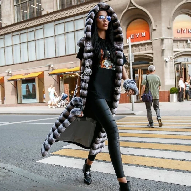 Жилет с капюшоном длиной 120 см, теплая зимняя модная жилетка из натурального меха кролика Рекс, модное меховое пальто, роскошное Женское пальто