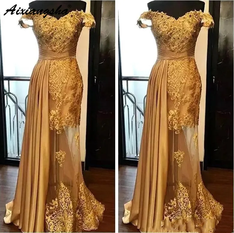 

2019 Off The Shoulder Long Evening Dresses Arabic Golden Tulle Applique Ruched Beaded Lace Pageant Formal Party Gowns Prom