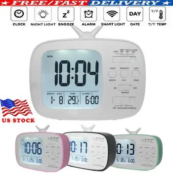 

US Desk Digital Alarm Clock Sensor Automatic Soft Light Snooze Date Temperature