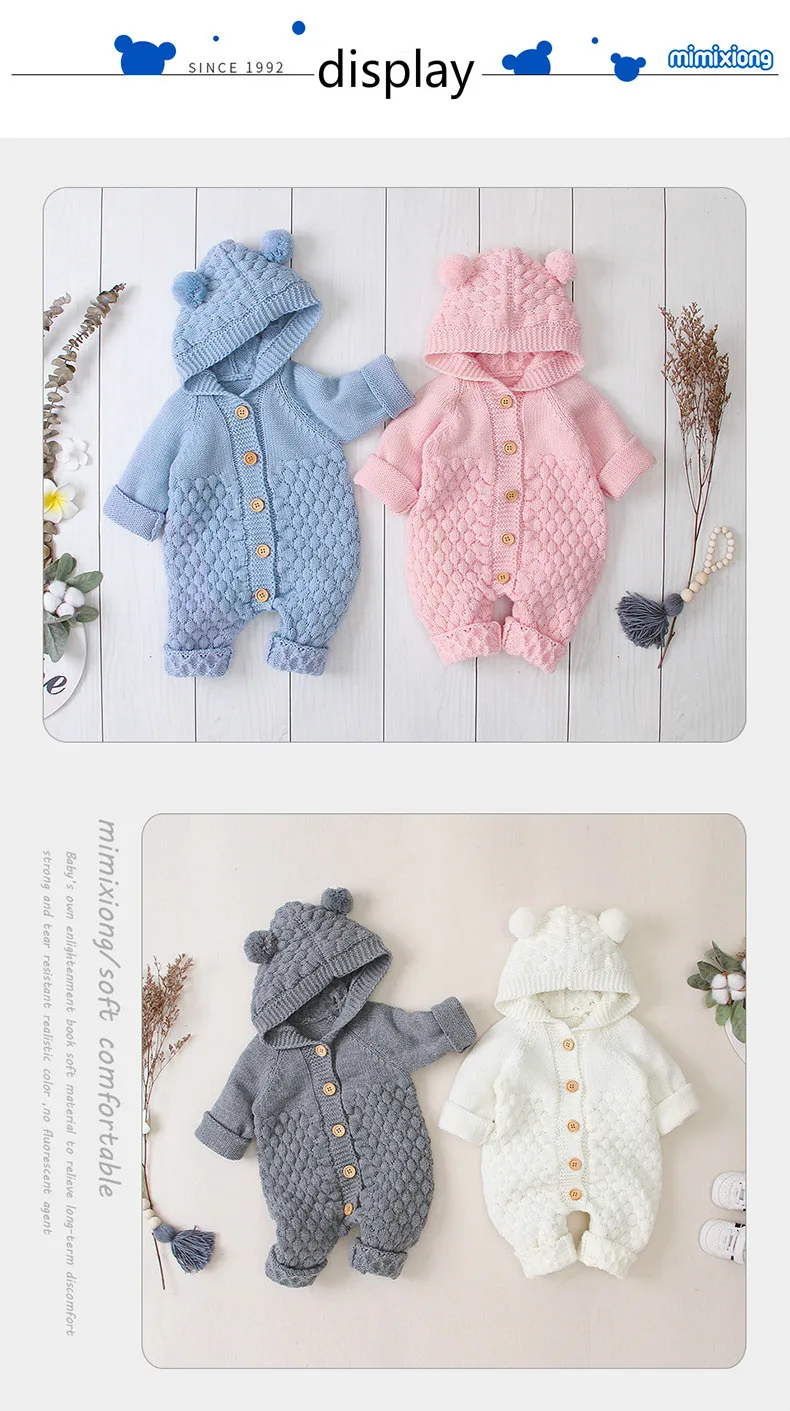 Baby knit romper long sleeve newborn jumpsuit cute cartoon bear boys sweater overall winter