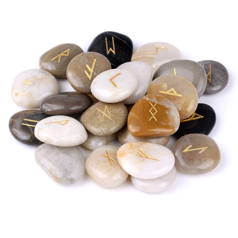 25pcs Natural River Stones Set Engraved Inspire Words Palm Crystals Free Pouch 