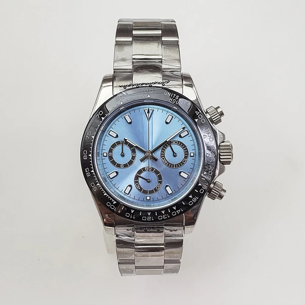Часы с кварцевым механизмом Хронограф синий циферблат 39 мм VK63 сапфировый, светящийся стальной браслет керамический ободок D9