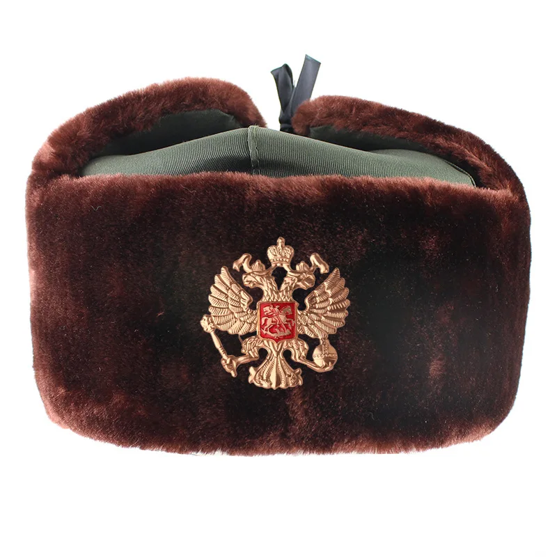Советские военные шапки-ушанка для России, шапки-бомберы, шапка летчика-охотника, зимняя шапка с искусственным кроличьим мехом, мужские зимние шапки с ушками - Цвет: Brown hair - double