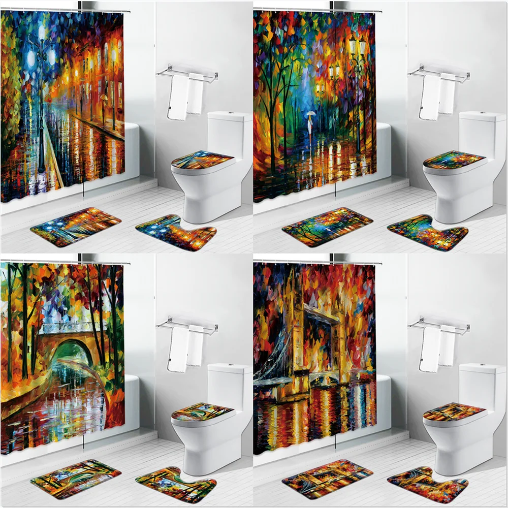 

Oil Painting Scenery Shower Curtain European Style Street Bridge Landscape Non-Slip Toilet Cover Carpet Mat Bathroom Curtain Set