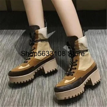 

New Ankle Boots Genuine Leather Round Toe Thick Heel Floral Printed Platform Short Boots Autumn Winter Boots Lace Up Shoes Women