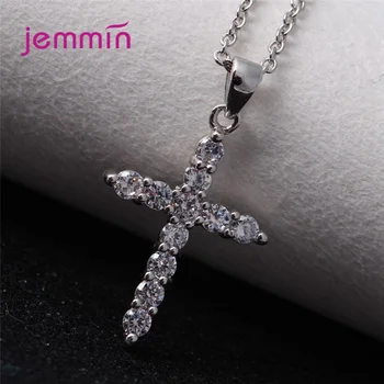 

Fashion 925 Sterling Silver Cross Christ Jesus Necklace Religion Women Crystal Rhinestone CZ Sideways Pendent Necklace Jewelry