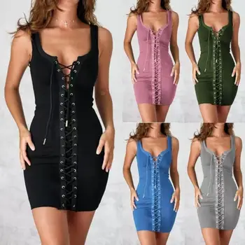 

New Party Club Summer Women Sexy Solid Color Lace Up Sleeveless Bodycon Mini Dress
