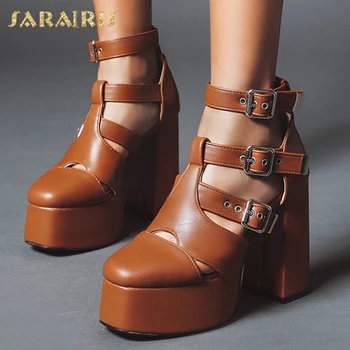 

Sarairis 2020 Fashion New Hot Plus Size 43 Chunky High Heels Summer Shoes Woman Sandals Platform Buckle Strap Retro Sandals Lady