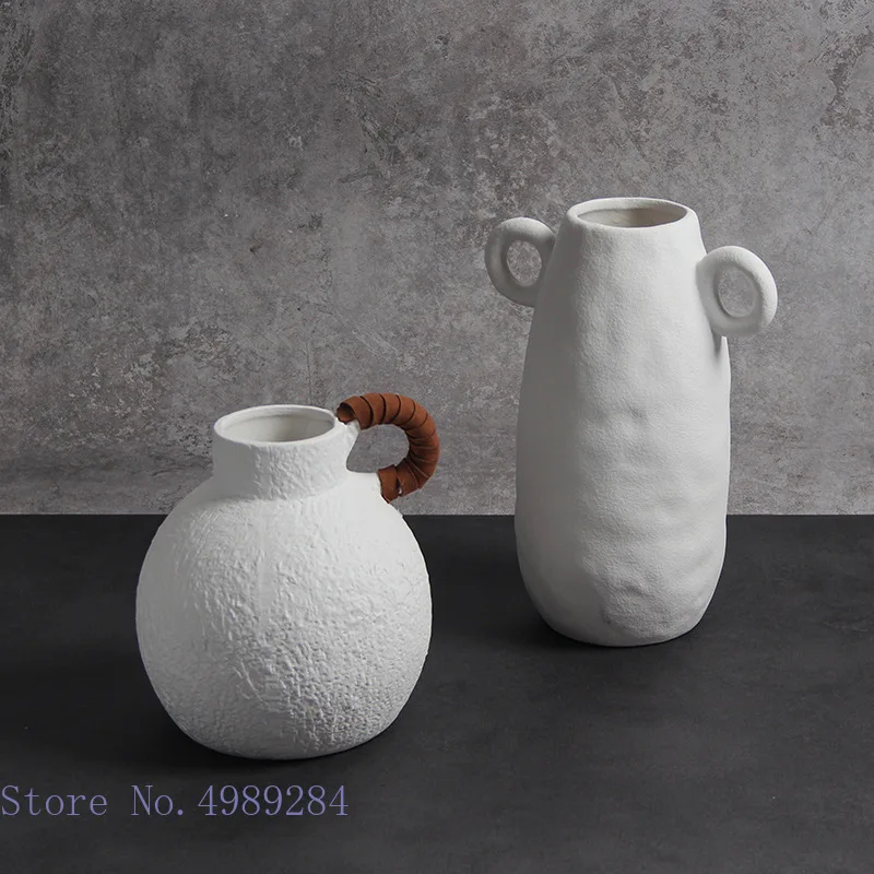 Handmade White Ceramic Vase Handle Retro Continental Scrough Rough Surface Floral Hollow Flower Vase Ceramic Crafts Ornaments 3