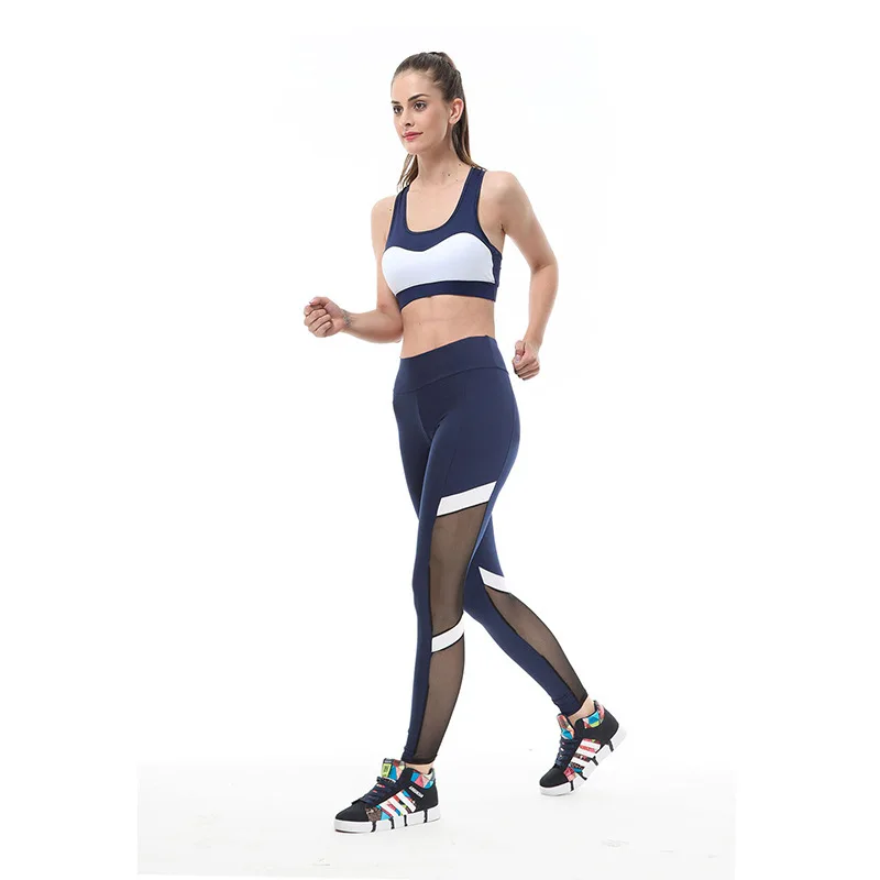 European and American trend fitness Leggings Two-section mesh high waist elastic breathable hip dress leggings women workout - Цвет: Navy