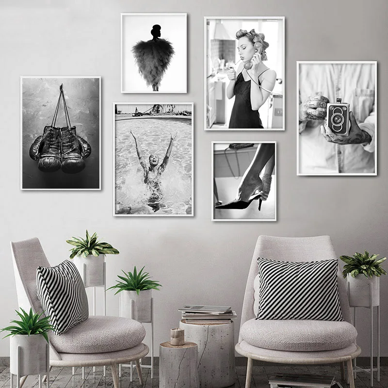 

Black White Swimming Girl Vintage Camera Fashion Poster Quotes Canvas Art Print Nordic Wall Picture Painting Modern Home Decor