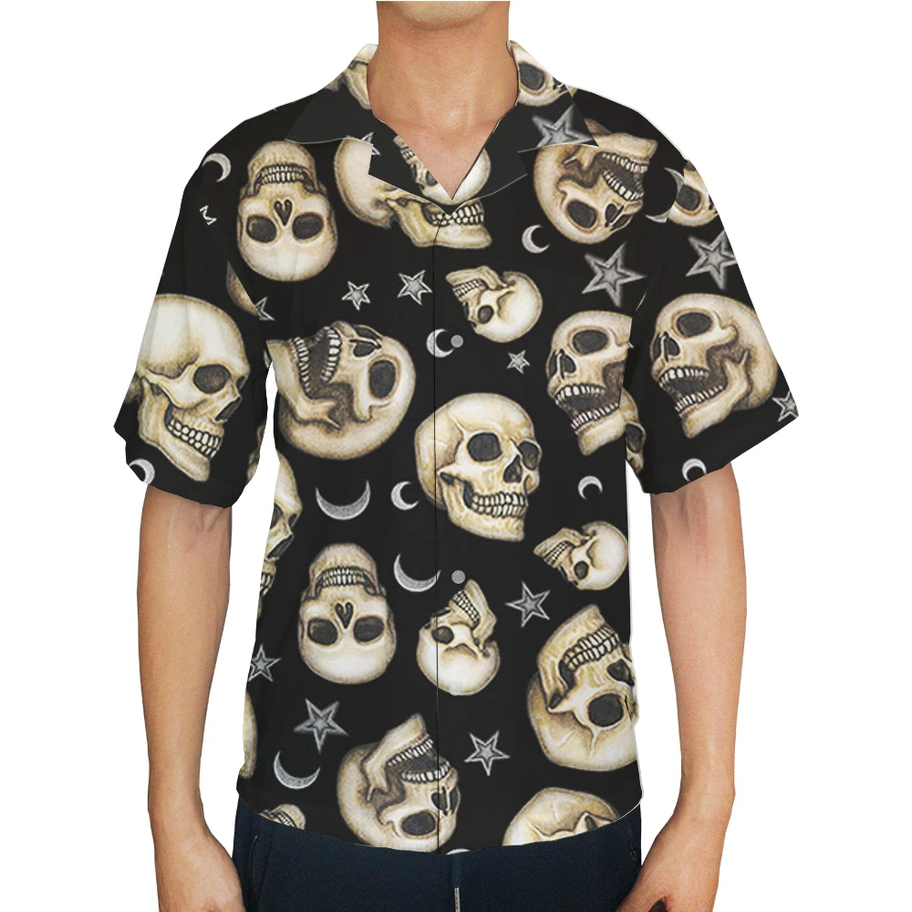 Мужская модная повседневная рубашка с коротким рукавом на пуговицах из полиэстера с принтом черепа