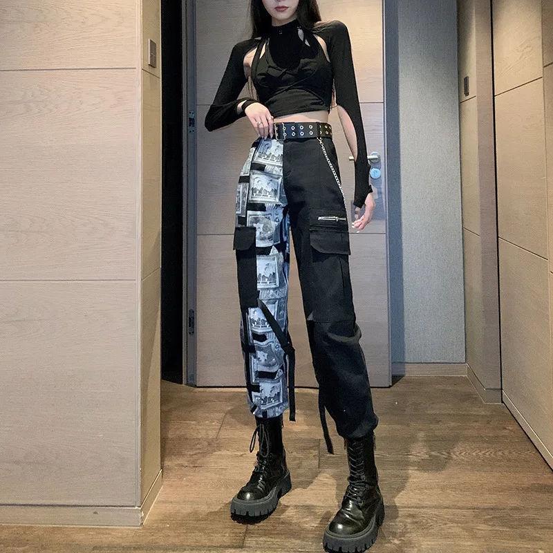 

High Waist cargo pants Pleated Long printed Splicing Trousers New Loose Fit hiphop Pants Women Fashion Waist Tide Summer 2021