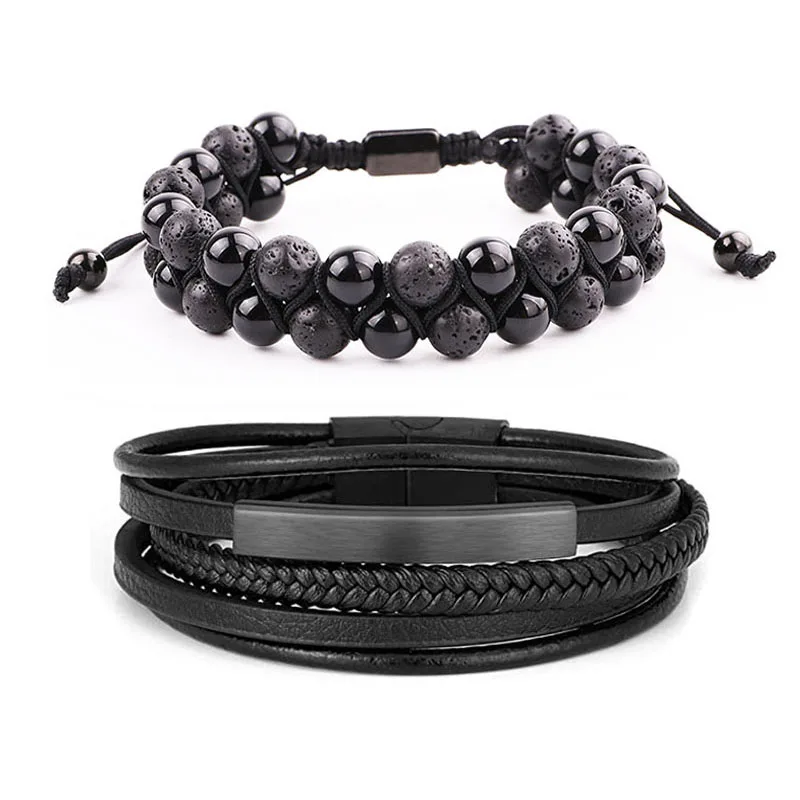 New Fashion Men Leather Bracelet Lava Stone Tiger Eye Stone Braided Bead Genuine Leather Macrame Bracelet Set Men Gift