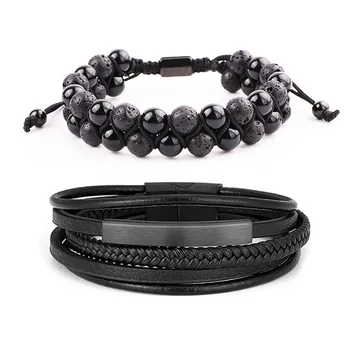New Fashion Men Leather Bracelet Lava Stone Tiger Eye Stone Braided Bead Genuine Leather Macrame Bracelet Set Men Gift