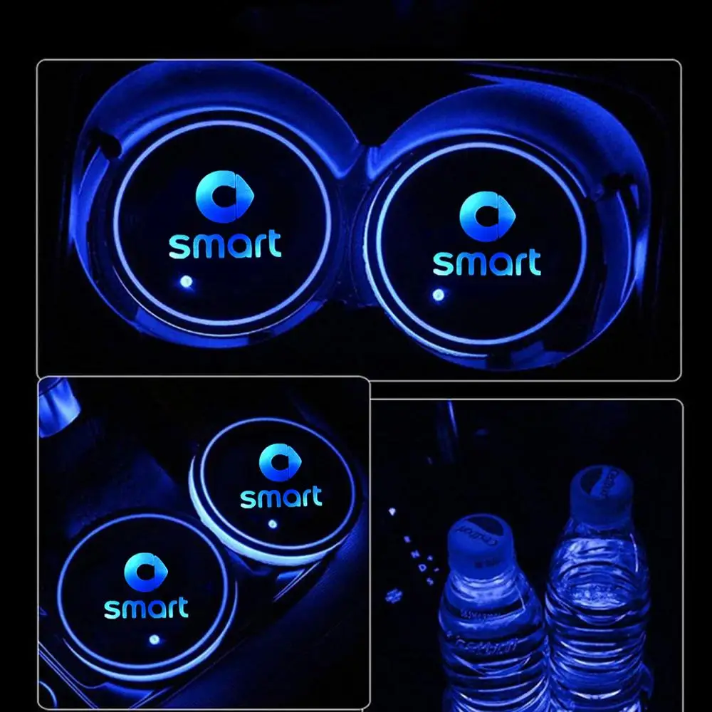 

2X Led Car Logo Cup Lights Colorful Luminous Water Coaster Atmosphere Light For Smart 451 453 Fortwo Forfour Auto Accessories
