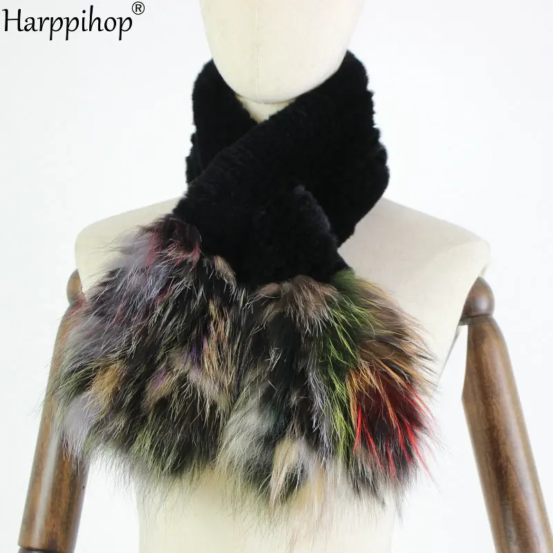 

HARPPIHOP*Brand Real Rex Rabbit Fur Scarf Collar Knit Infinite Scarves Women type Fur Scarf Women Real Rabbit Fur fox fur Shawl