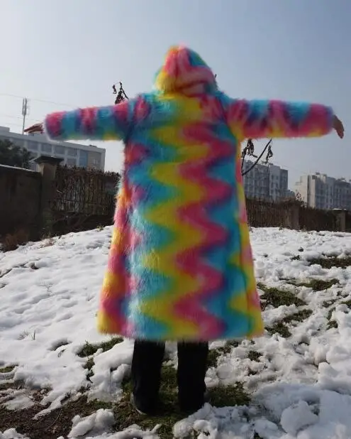 Новинка, модное мужское женское меховое пальто, длинная парка из лисьего меха, Уличная Повседневная Меховая куртка, разноцветное пальто из искусственного меха радуги, верхняя одежда