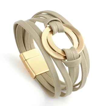 Leather Bracelet Metallic Double Circle Charm