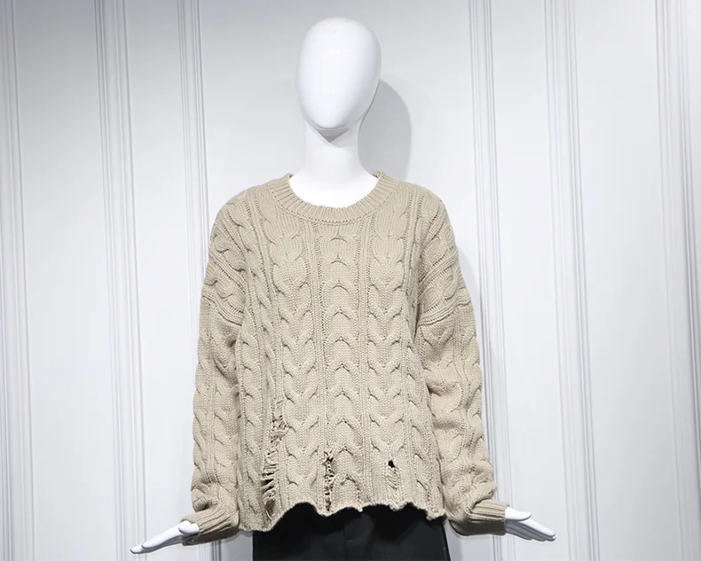 

Khaki-colored Hemp Cut Hole Round Collar Loose Lazy Wind Sweater Tide 2019 Pullovers O-Neck Women Sweaters