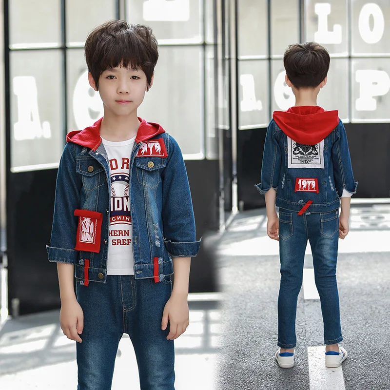 

2019 NEw Print boys Clothing Set for Boy's red hat cowboy suit cotton Denim Long Sleeve Jacket+ pant +shirt 3pcs set DX07020
