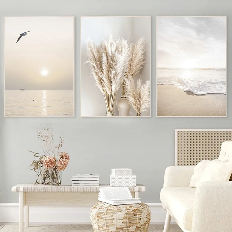 Beige Grass Sunset Beach Palm Tree Car Wall Art Canvas Painting Nordic Posters And Prints Pictures For Living Room Decor | Дом и сад