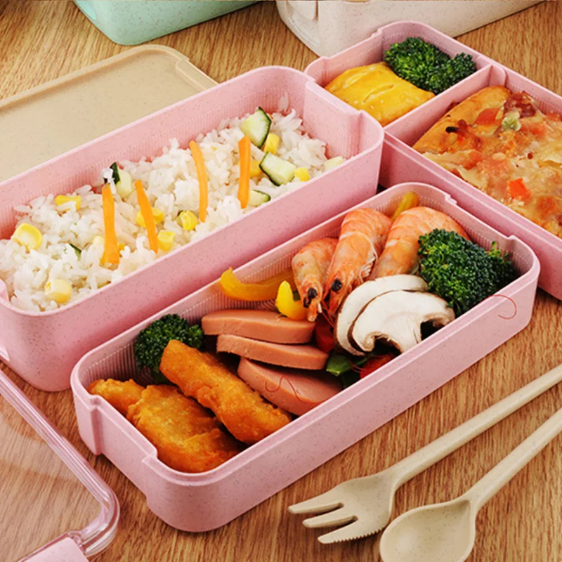 Зеленый/розового/бежевого цвета Коробки для обедов пшеничная посуда eco-friendly Пластик от боли в спине комплект Dinnerware бенто ланч бокс Еда контейнер для малышей