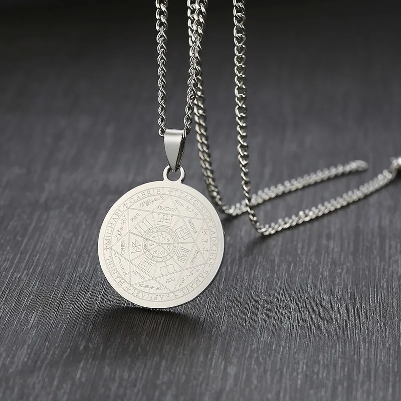 Collana da uomo, Collane con sigillo dei sette Arcangeli, Acciaio inossidabile Il sigillo di 7 Arcangeli, Pendenti con amuleto di Salomone Kabbalah  36